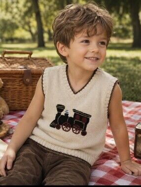 Janie And Jack Cream Knit Train Motif Sweater Vest Size 3